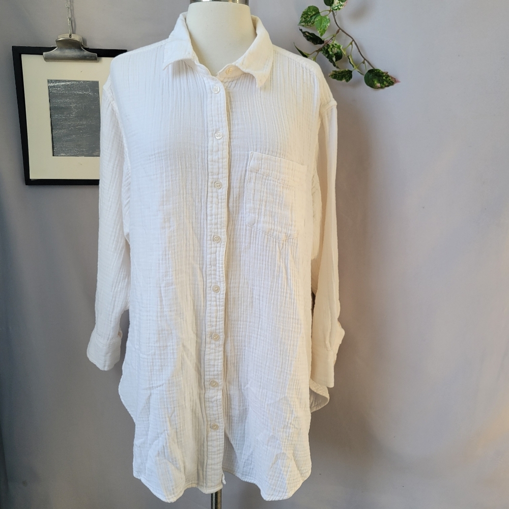 Gap Crinkle Gauze Weekend Button Up Tunic New Off White L Petite